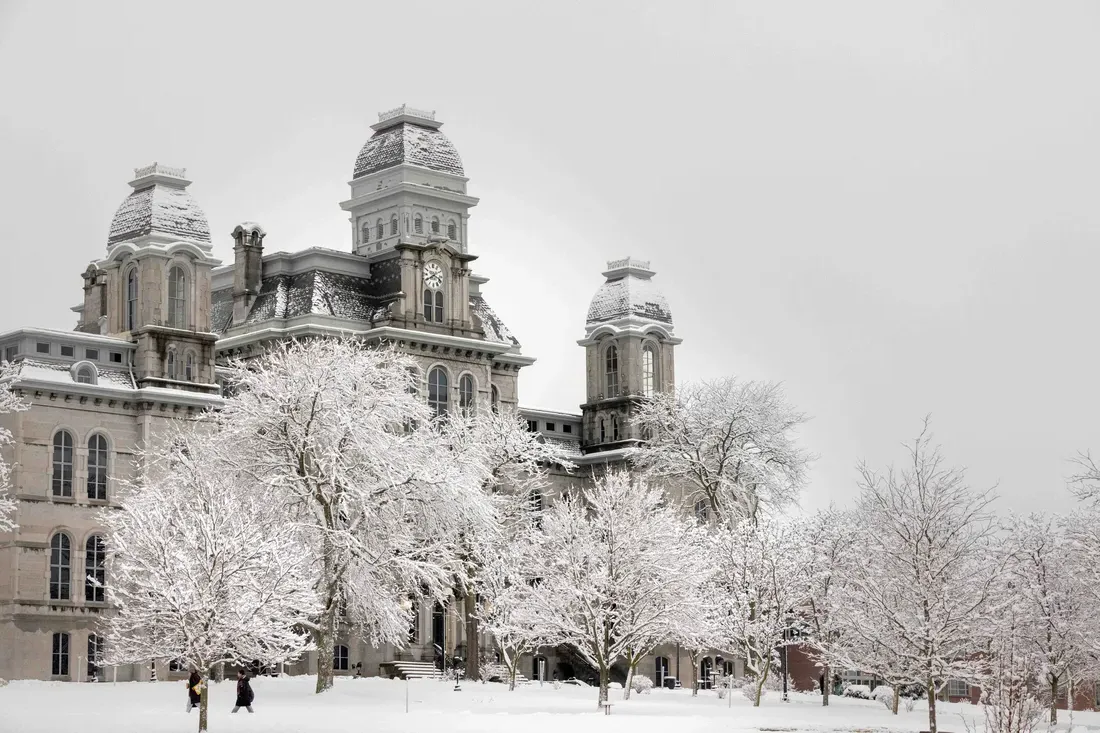 Hall of Languages with trees covered in snow.